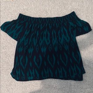 blue and green off-the-shoulder top